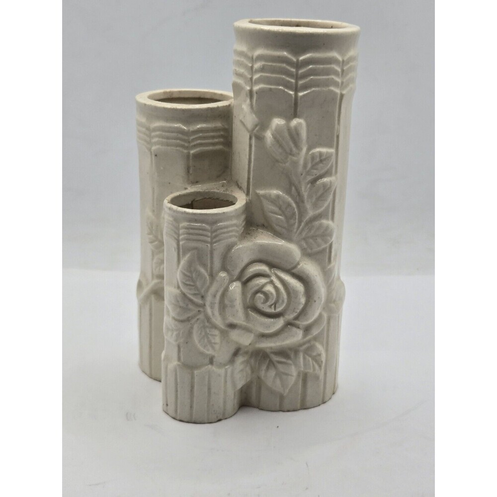 Ceramic Bud Vase-Made in Japan-Three In One Design Roses on Bamboo Vintage